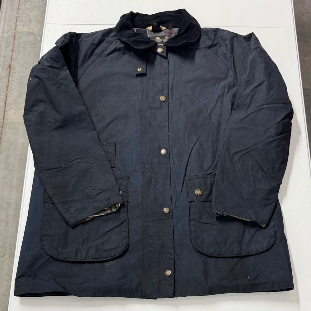 Barbour Waxed Cotton Jacket womans L Navy Blue Good Corduroy Collar Plaid Lining